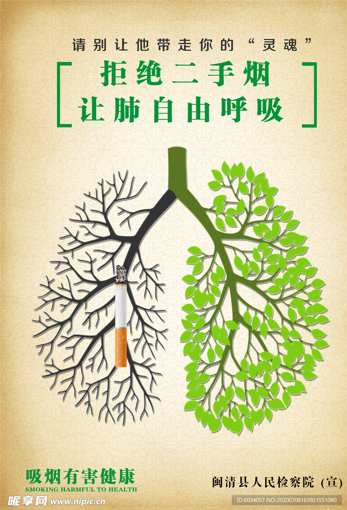 拒绝二手烟让肺自由呼吸禁烟海报