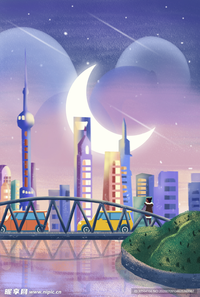 城市上海建筑月亮插画背景素材
