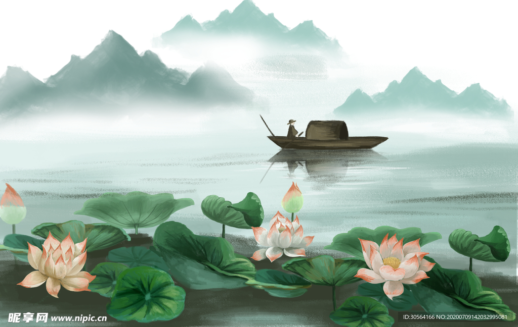 山水荷花传统插画背景素材