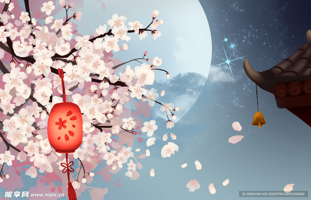 梅花枝头灯笼月亮古风背景素材