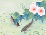 山水鱼群花朵国风插画背景素材