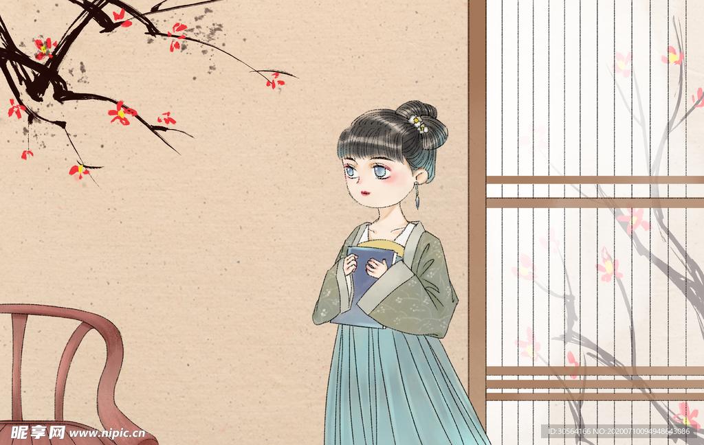 少女古风插画卡通国风背景素材