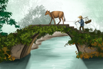 小桥耕牛农夫古风插画背景