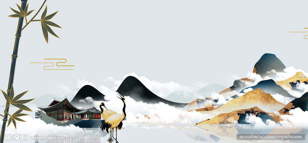 山水地产传统国风插画卡通背景