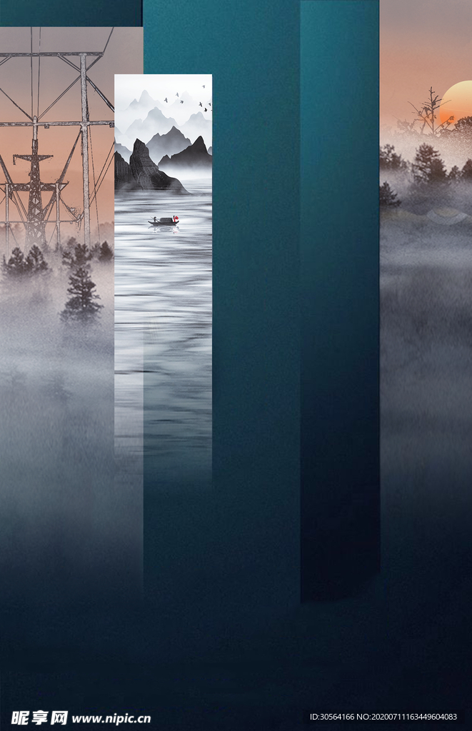 山水地产传统国风古风插画背景