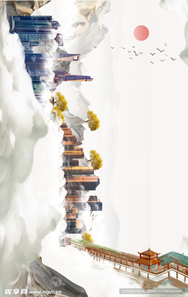 山水地产传统国风插画卡通背景