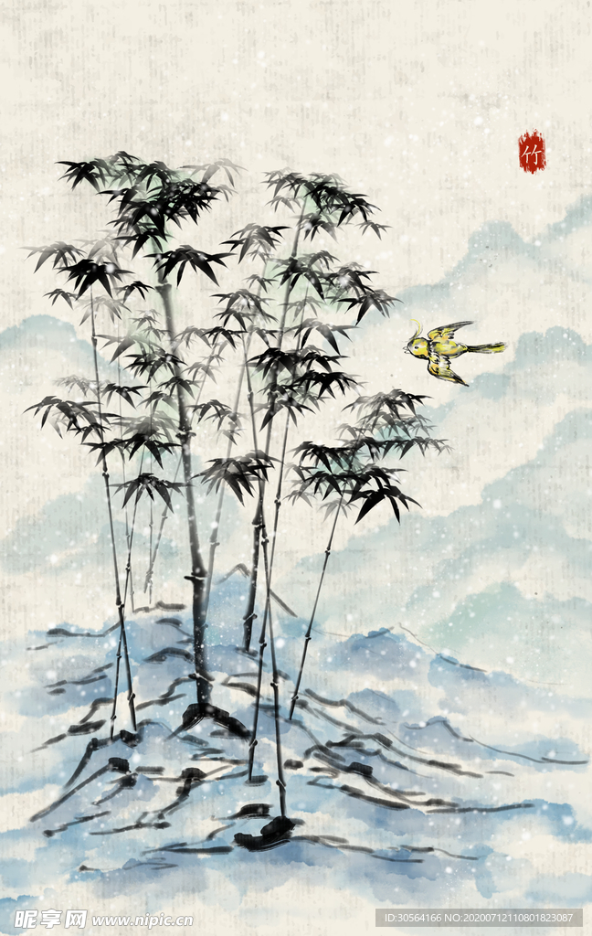 翠竹复古古风插画背景素材