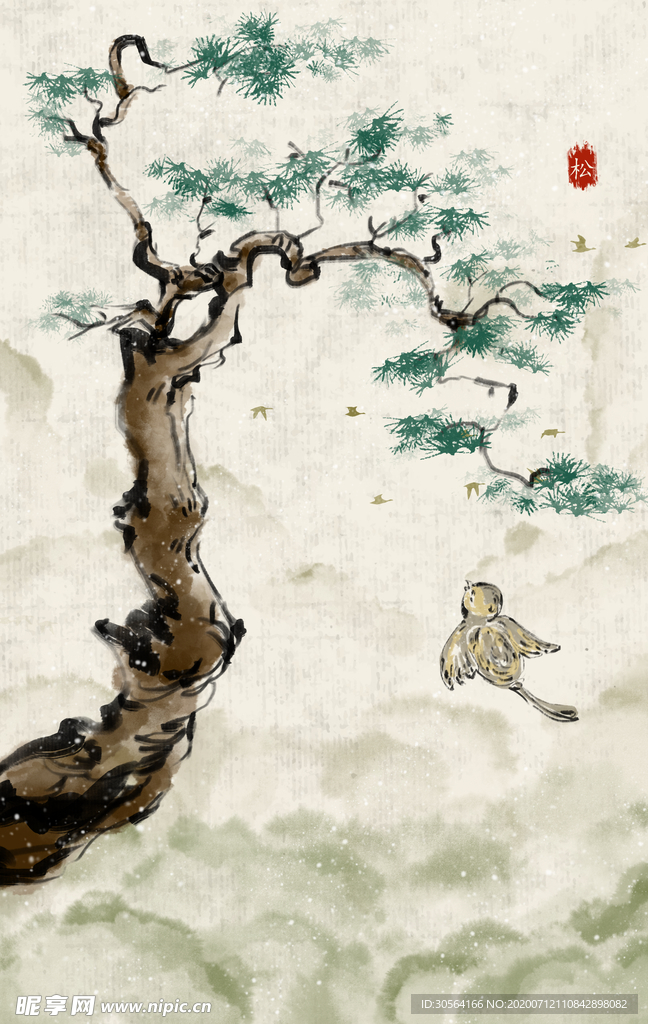 松树复古古风插画背景素材