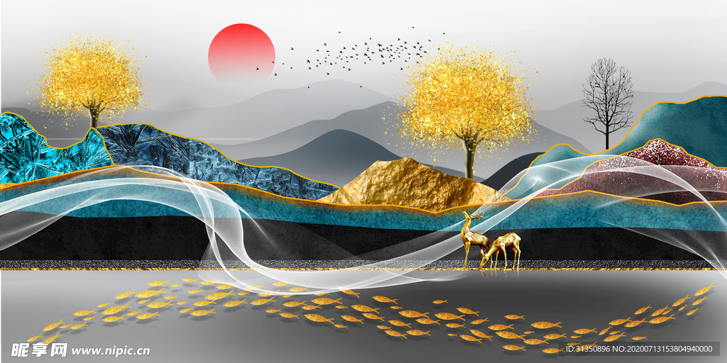 新中式线条飘带金色山水装饰画