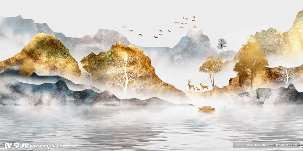 新中式江南金色风景山水装饰画