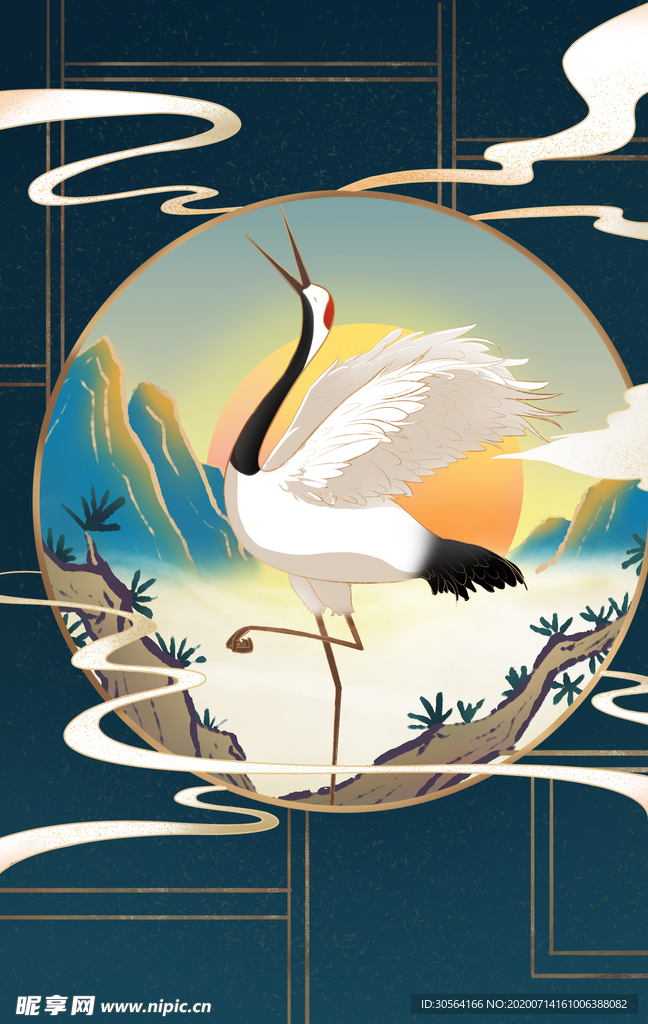 仙鹤国风古风插画卡通素材