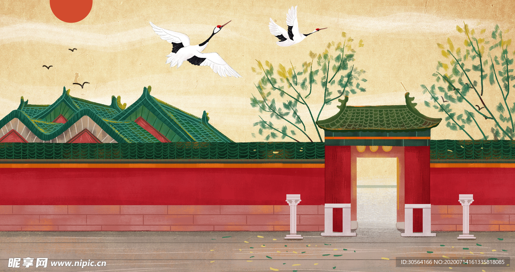 城墙宫殿国风古风插画卡通素材