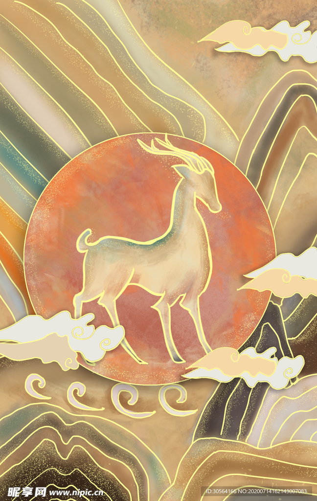 神鹿国风古风插画卡通素材