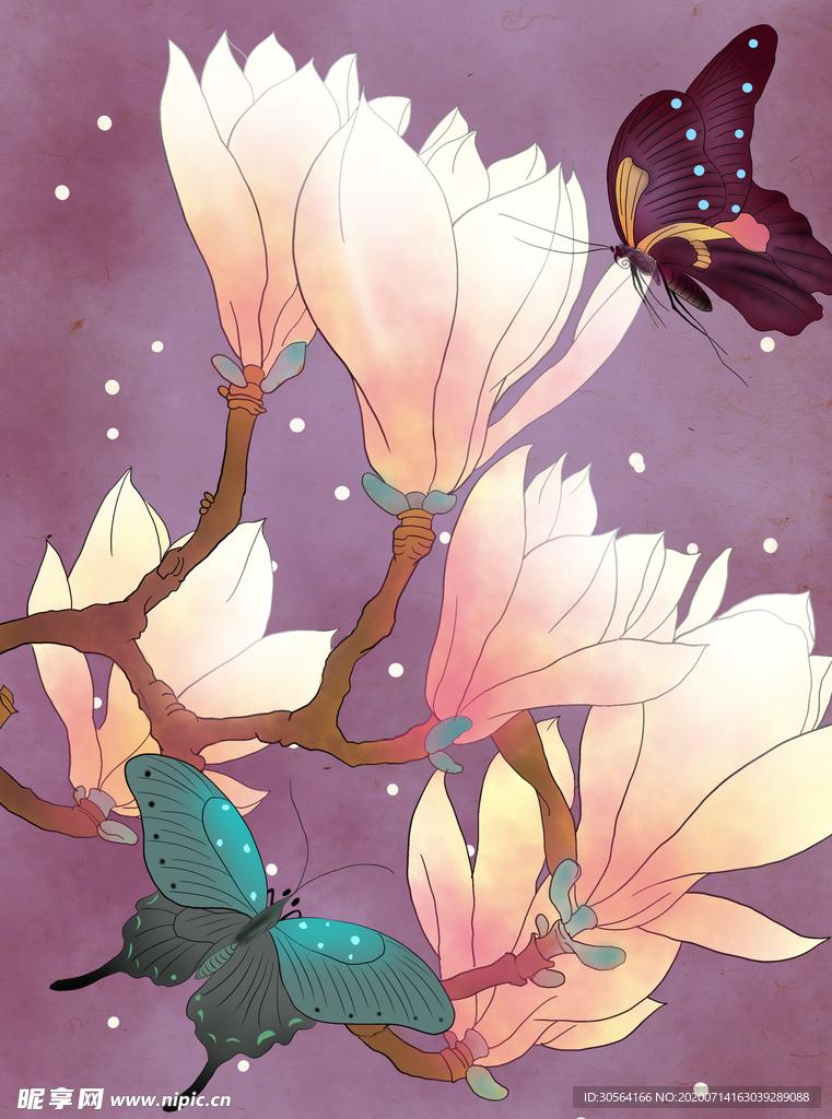 蝴蝶鲜花国风插画卡通素材