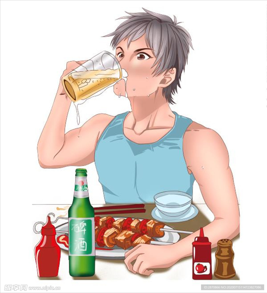 卡通喝啤酒男孩