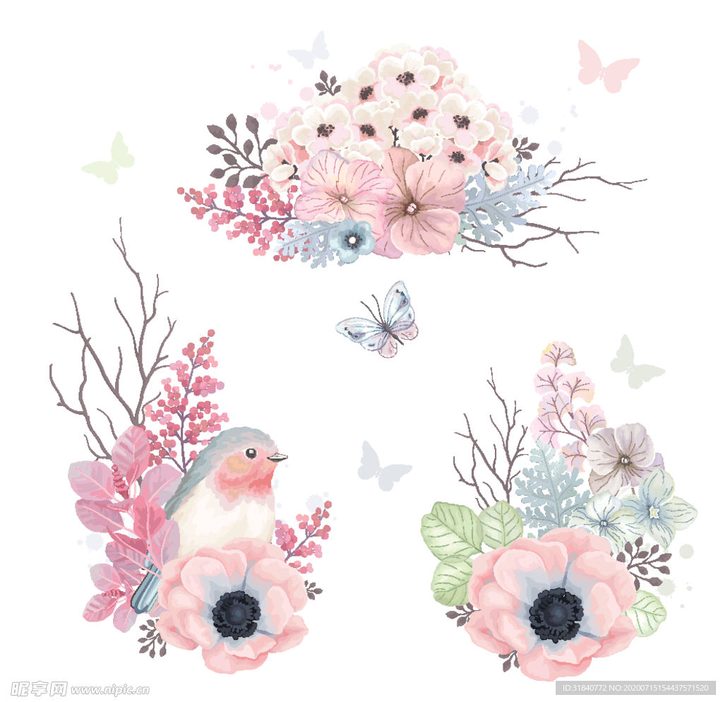 森系水彩手绘插画花鸟花卉花草叶
