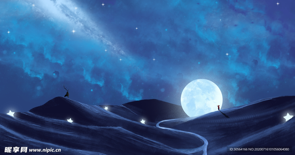 月亮黑夜冷峻山峰插画卡通背景