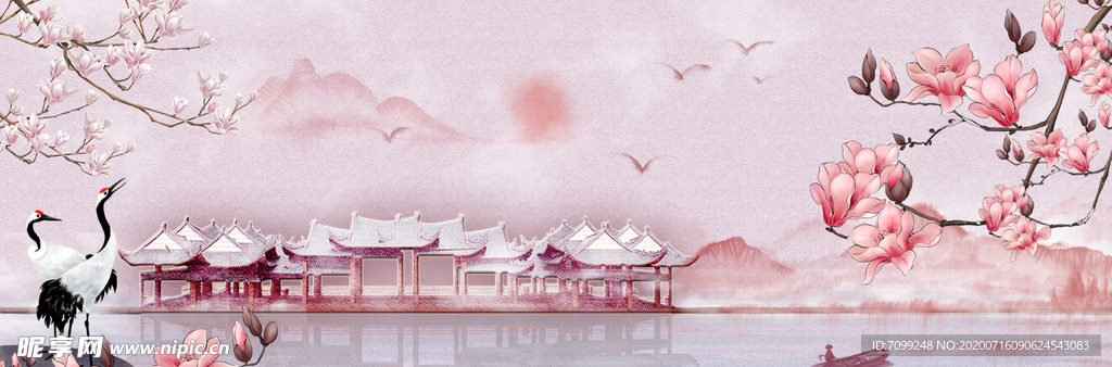 桃花仙鹤背景
