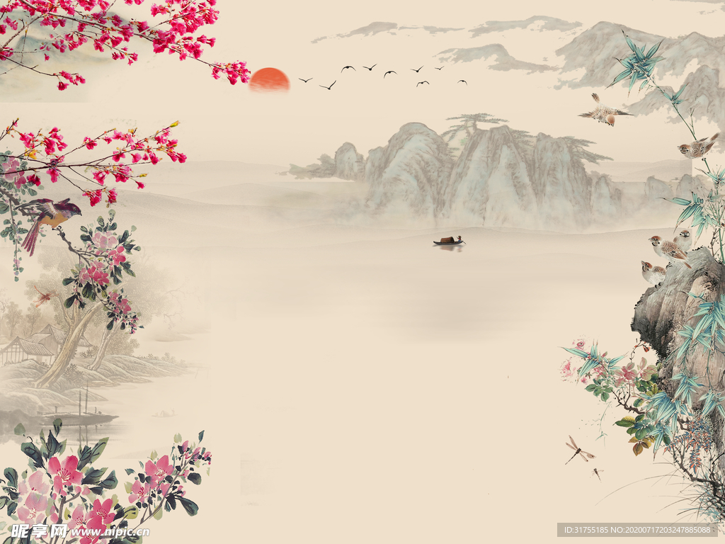 中式水墨山水花鸟装饰画玄关屏风