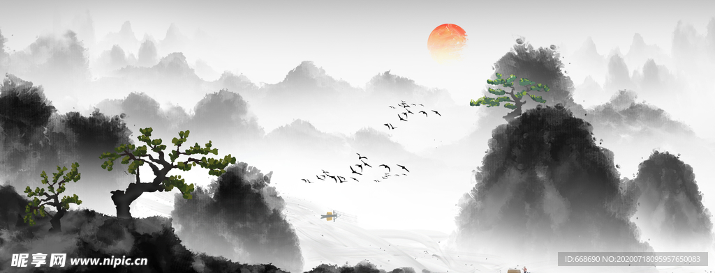 水墨山水复古唯美背景画
