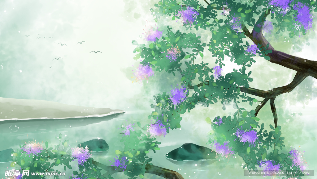 山水梦幻色彩插画卡通背景素材