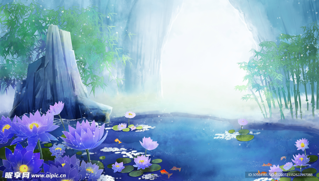 山水梦幻色彩插画卡通背景素材