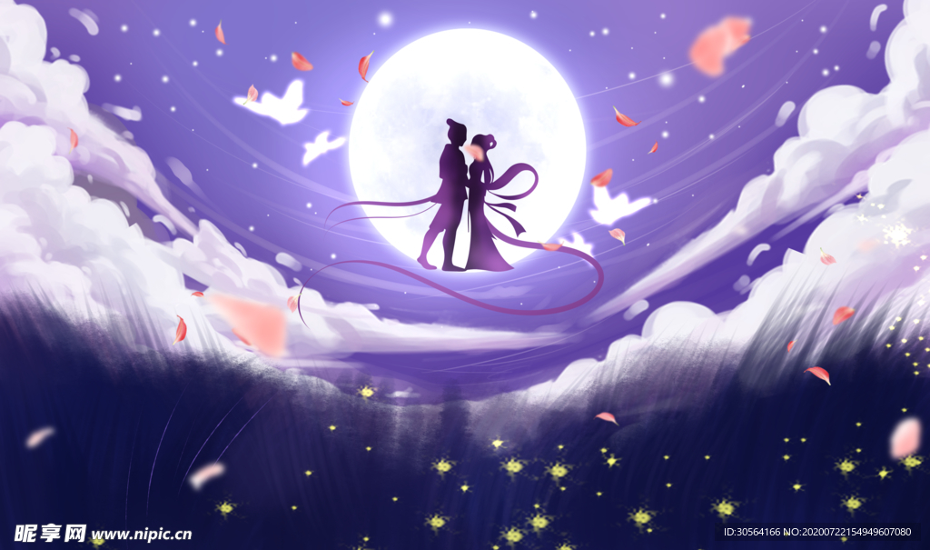 七夕情侣国风插画卡通背景素材