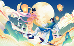 七夕情侣国风插画卡通背景素材