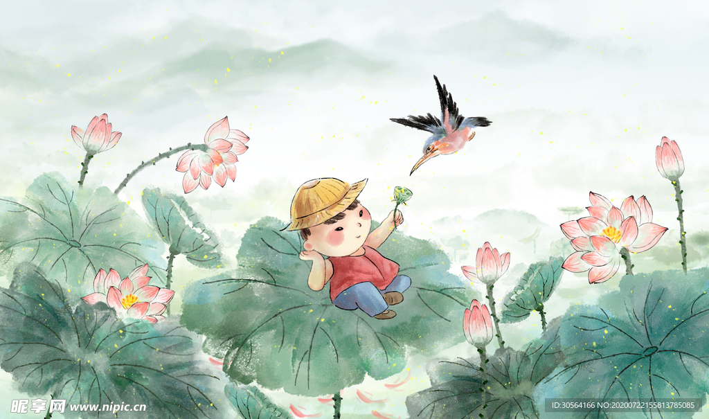 荷叶夏季人物插画卡通背景素材