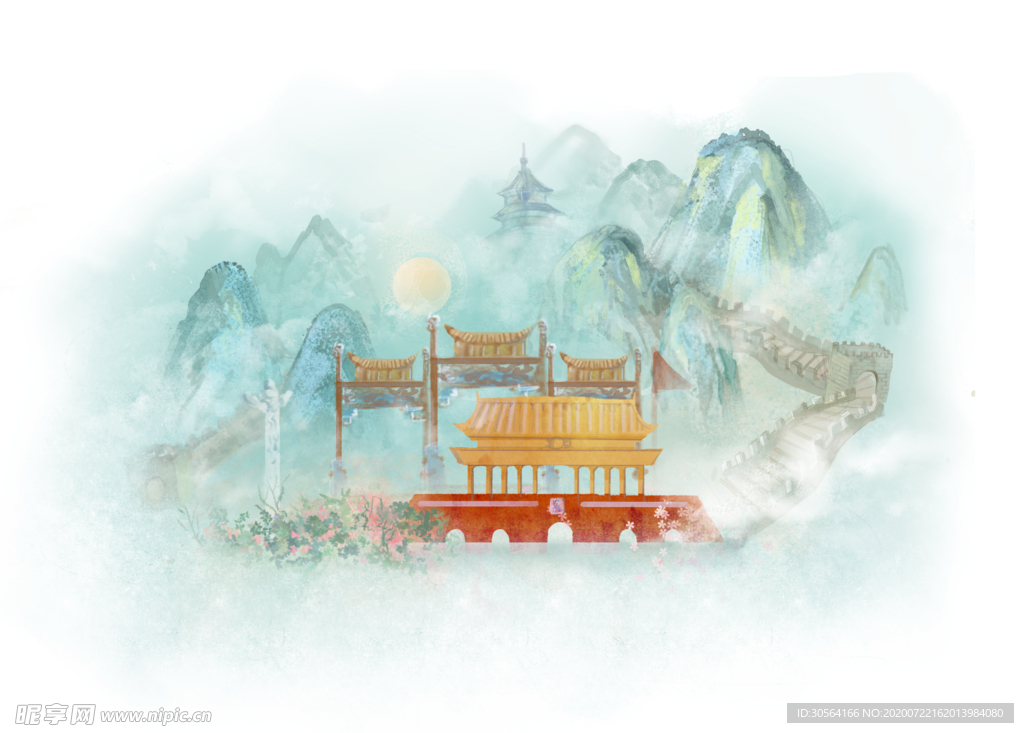 建筑古风清新插画卡通背景素材