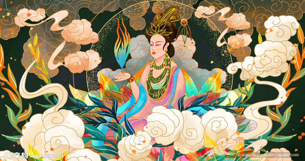 敦煌壁画仙女插画卡通背景素材