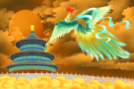 凤凰建筑古风插画卡通背景素材