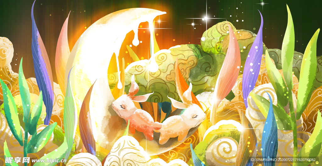月兔玉兔中秋清新插画背景素材