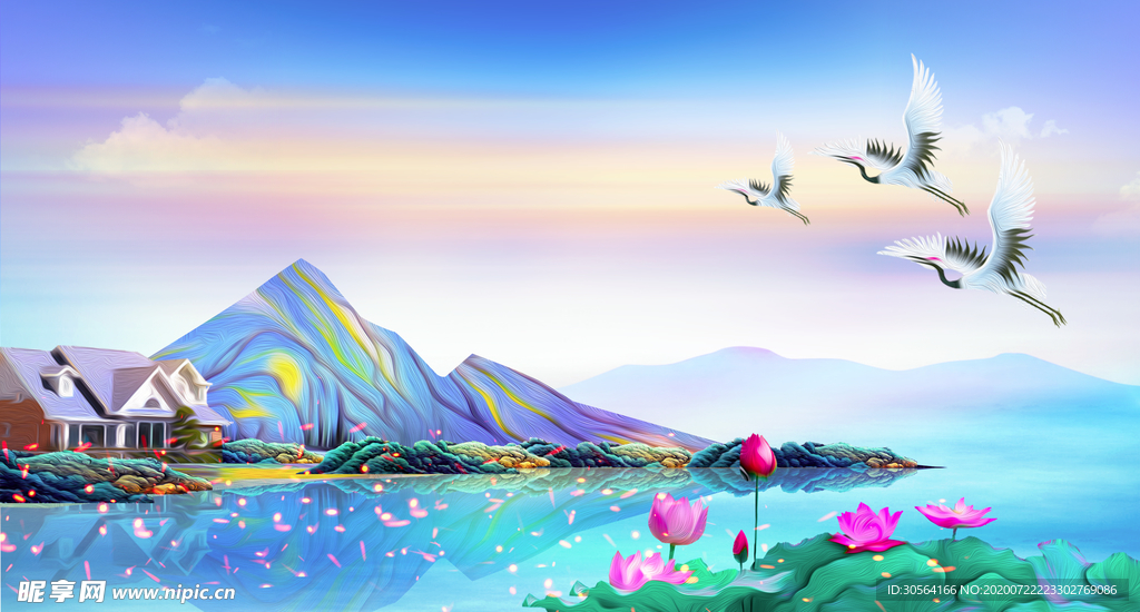 地产山水国风插画卡通背景素材