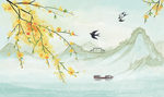 山水枝页国风插画卡通背景素材