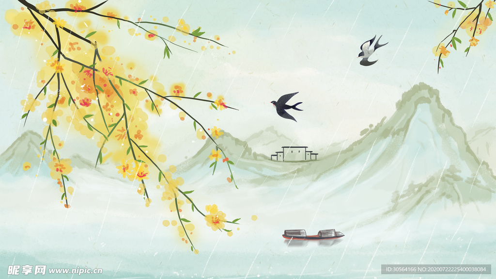 山水枝页国风插画卡通背景素材