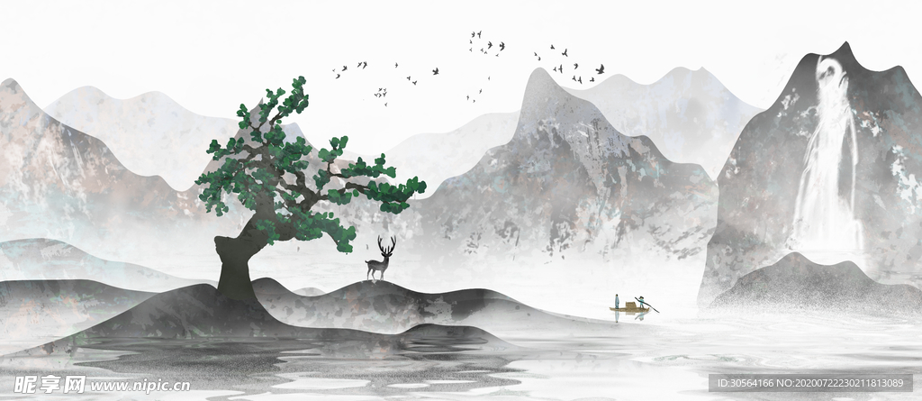 山水古风国风插画卡通背景素材