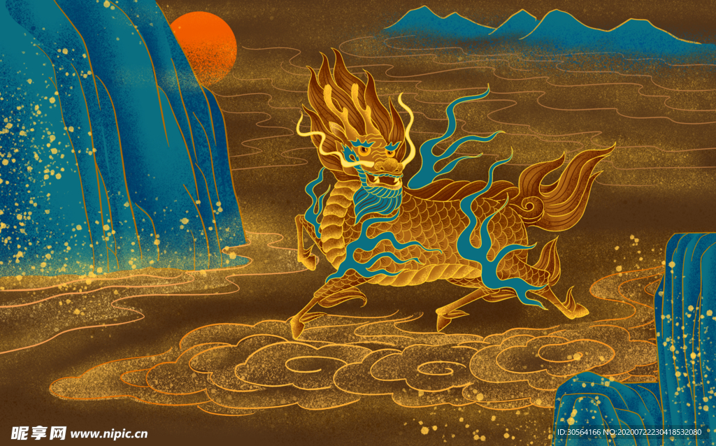 麒麟烫金国风插画卡通背景素材