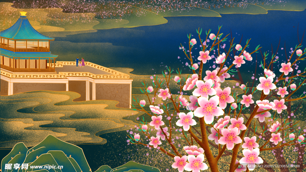 建筑烫金国风插画卡通背景素材