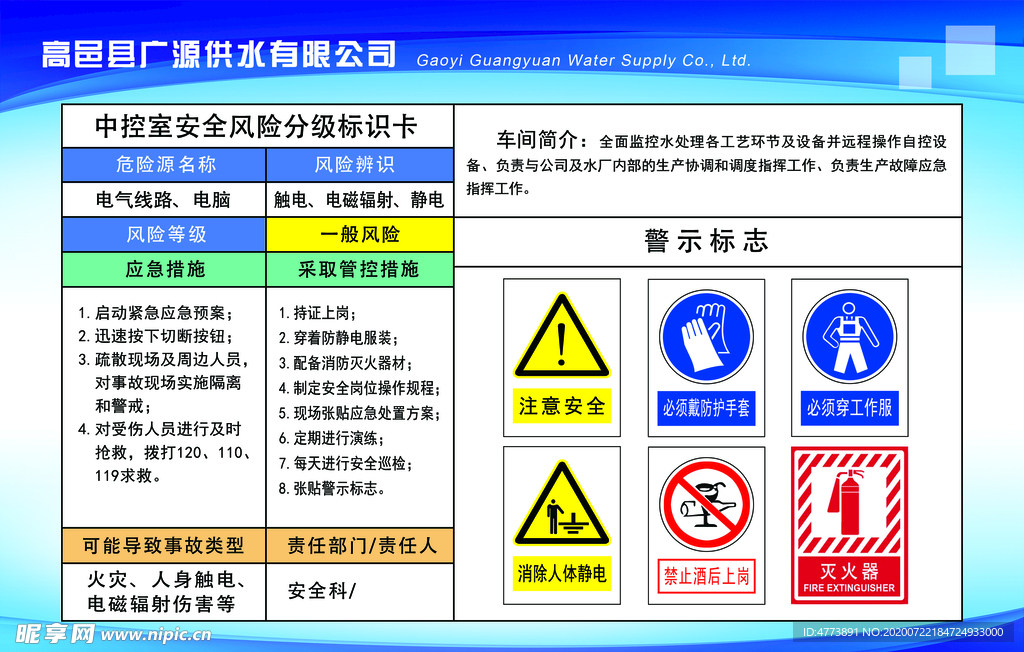 中控室安全风险分级标识卡