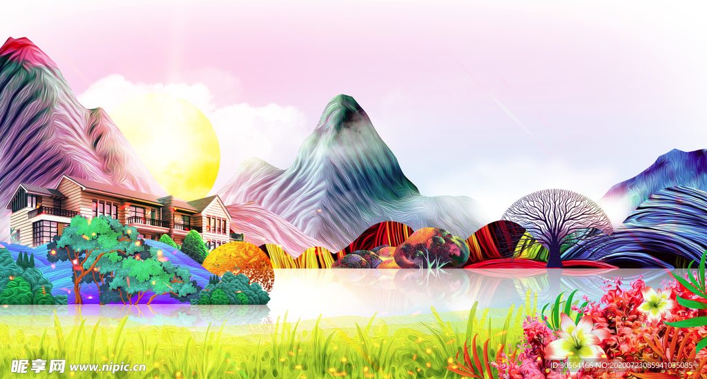 地产山水复古插画背景素材