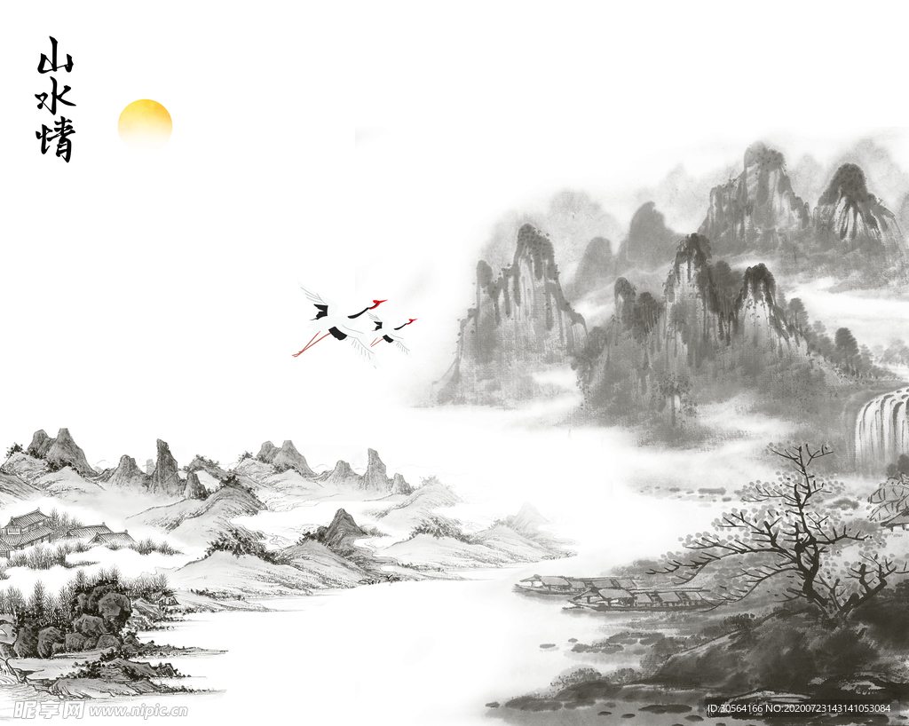 水墨山水古风壁画墙贴素材