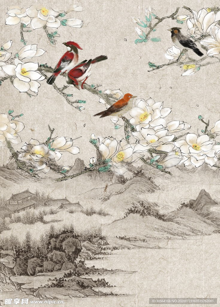 复古小鸟古风国风背景素材