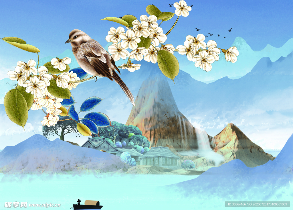 山水古风传统墙画壁纸背景素材