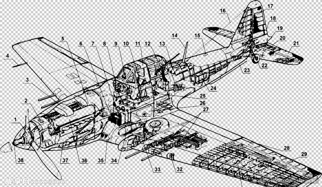 猎犬飞机剖析图高清透明素材