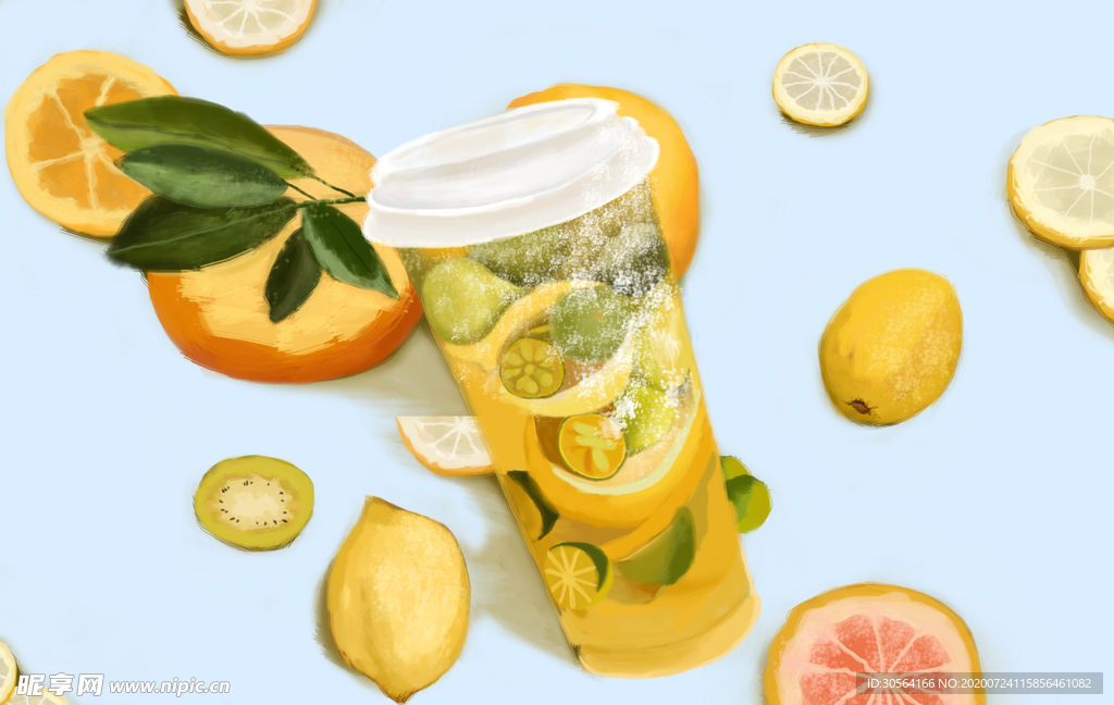 水果茶饮料饮品清新插画背景素材