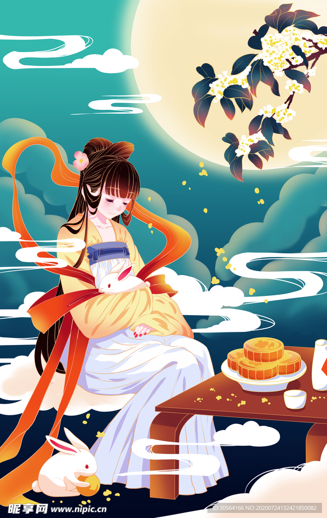 中秋嫦娥传统国风插画素材