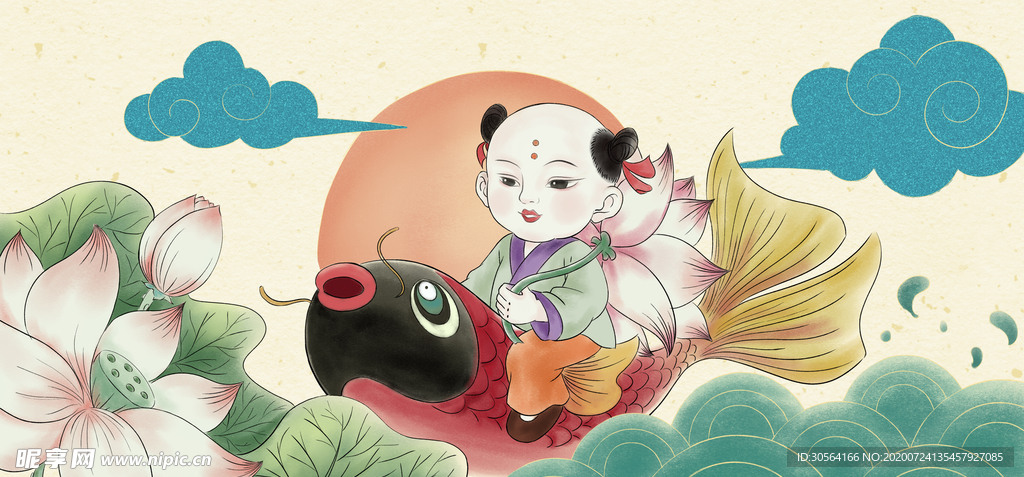 福娃年年有余传统国风插画素材