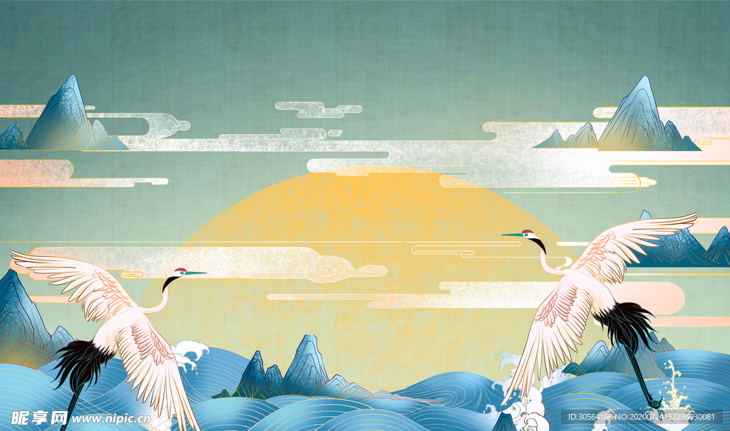 仙鹤传统国风古风插画背景素材