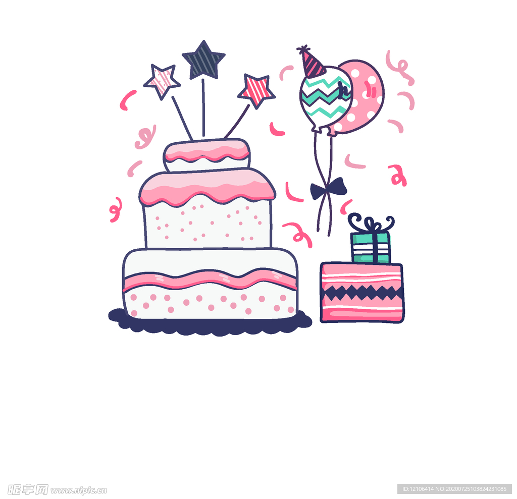 手绘粉色系生日蛋糕和礼盒